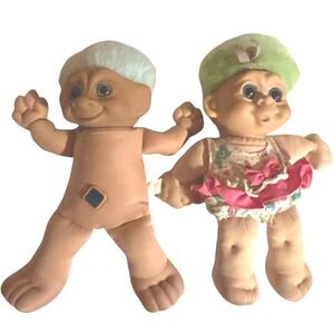 Vintage Treasure Trolls Plush Dolls Set of 2 Blue Gem Green Hair 90s Toys